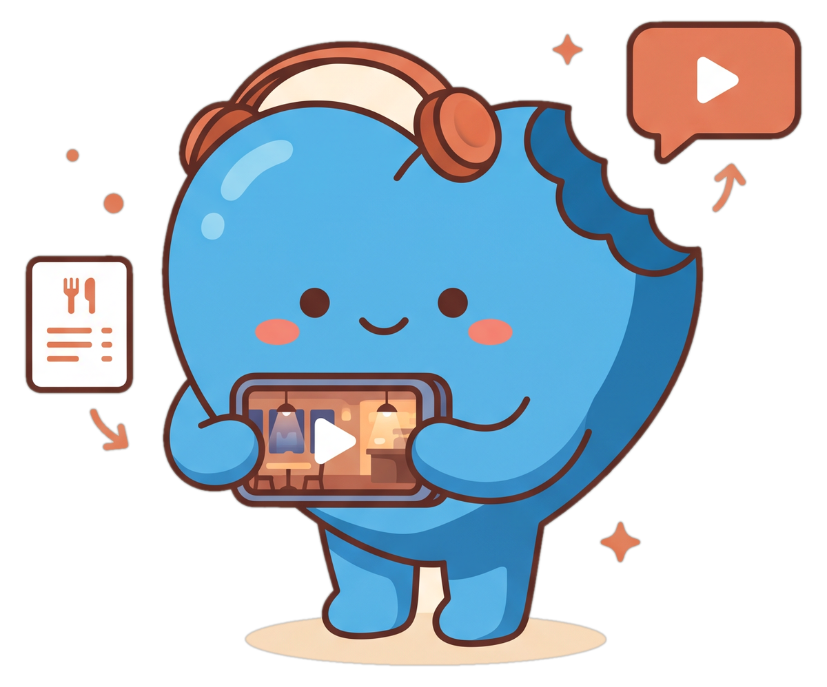 MunchMatch mascot watching a restaurant's short-form video