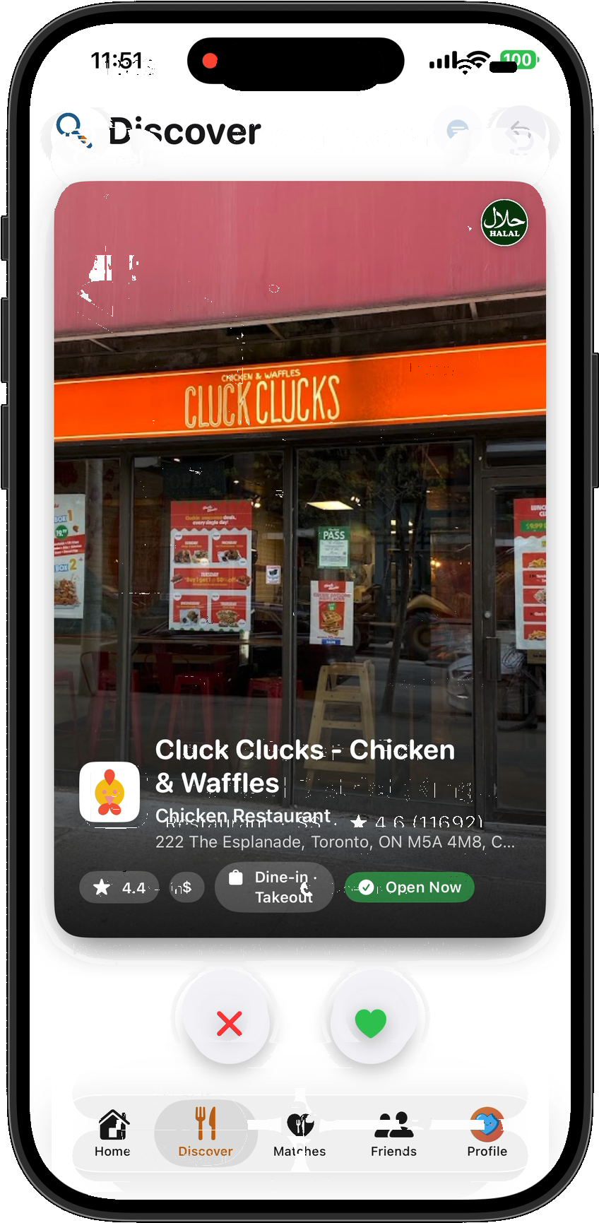 A restaurant card with live ratings and hours