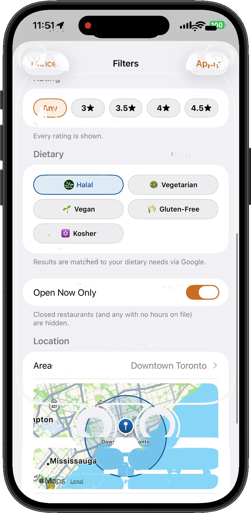 Filter by cuisine, price, and dietary needs