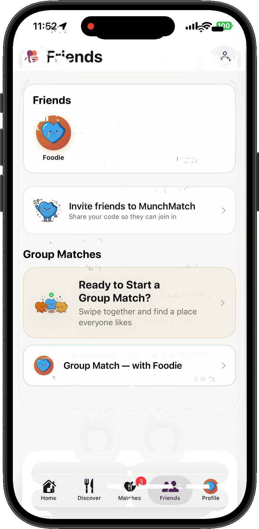Friends tab showing a friend's taste profile and Group Match options